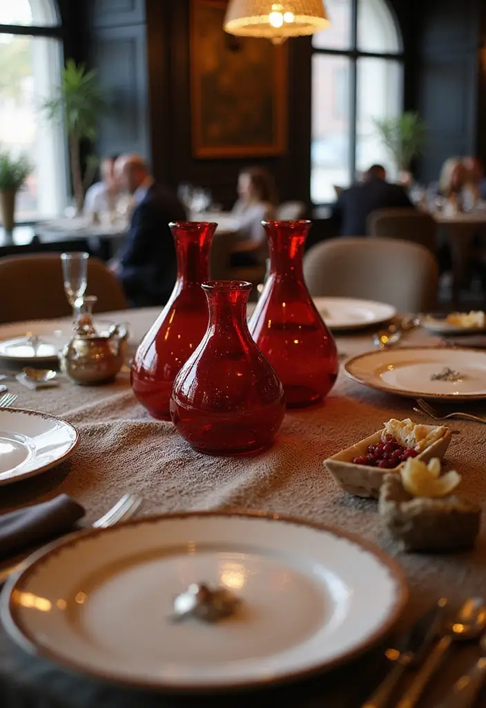30+ Red Glass Vase Decor Ideas That Add Warmth and Energy 35 30+ Red Glass Vase Decor Ideas That Add Warmth and Energy - 13. Textured Table Settings