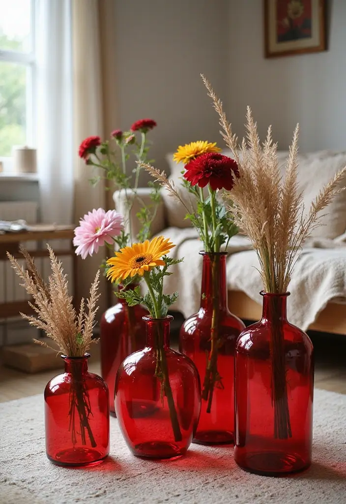 30+ Red Glass Vase Decor Ideas That Add Warmth and Energy 47 30+ Red Glass Vase Decor Ideas That Add Warmth and Energy - 15. Bohemian Floor Arrangements