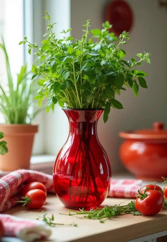 30+ Red Glass Vase Decor Ideas That Add Warmth and Energy 49 30+ Red Glass Vase Decor Ideas That Add Warmth and Energy - 17. Vibrant Kitchen Decor