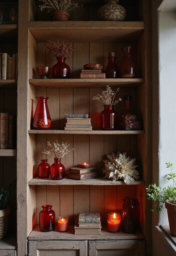 30+ Red Glass Vase Decor Ideas That Add Warmth and Energy 2 30+ Red Glass Vase Decor Ideas That Add Warmth and Energy - 2. Rustic Shelf Display