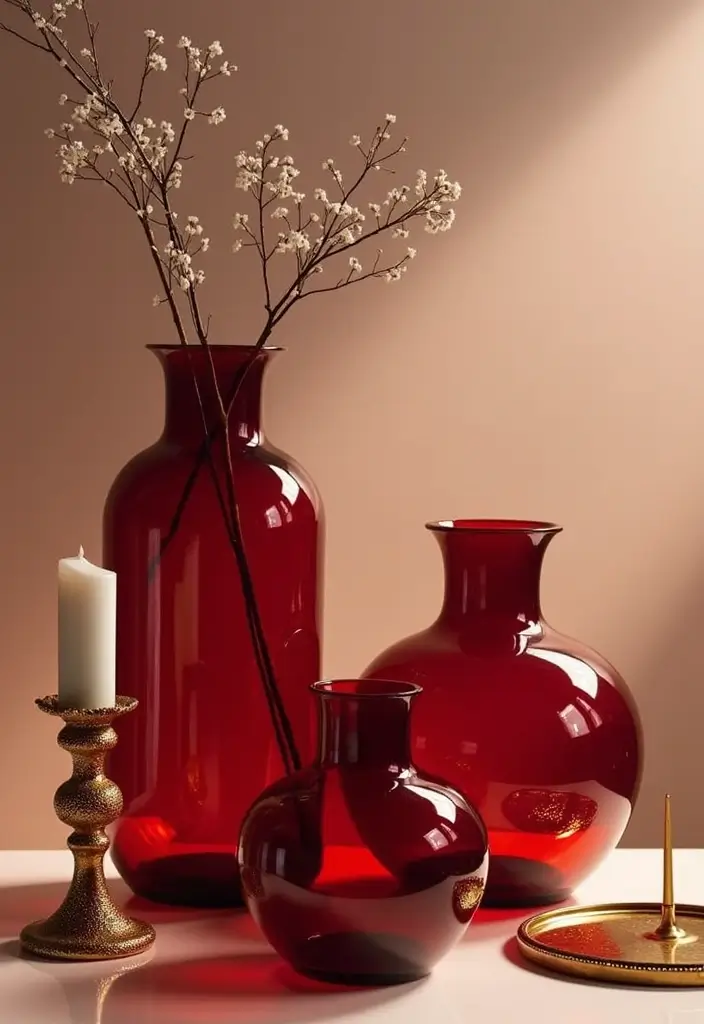 30+ Red Glass Vase Decor Ideas That Add Warmth and Energy 76 30+ Red Glass Vase Decor Ideas That Add Warmth and Energy - 26. Combining with Metallic Accents