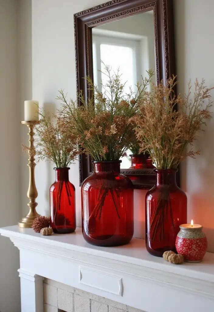 30+ Red Glass Vase Decor Ideas That Add Warmth and Energy 90 30+ Red Glass Vase Decor Ideas That Add Warmth and Energy - 28. Tailored Mantle Decor