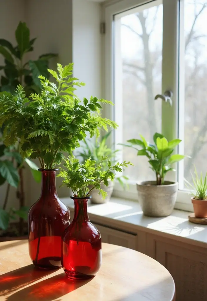 30+ Red Glass Vase Decor Ideas That Add Warmth and Energy 97 30+ Red Glass Vase Decor Ideas That Add Warmth and Energy - 29. Incorporating with Fresh Foliage