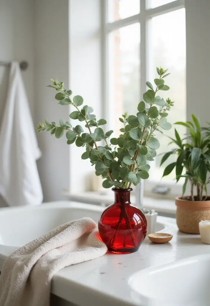 30+ Red Glass Vase Decor Ideas That Add Warmth and Energy 9 30+ Red Glass Vase Decor Ideas That Add Warmth and Energy - 3. Vibrant Bathroom Accents