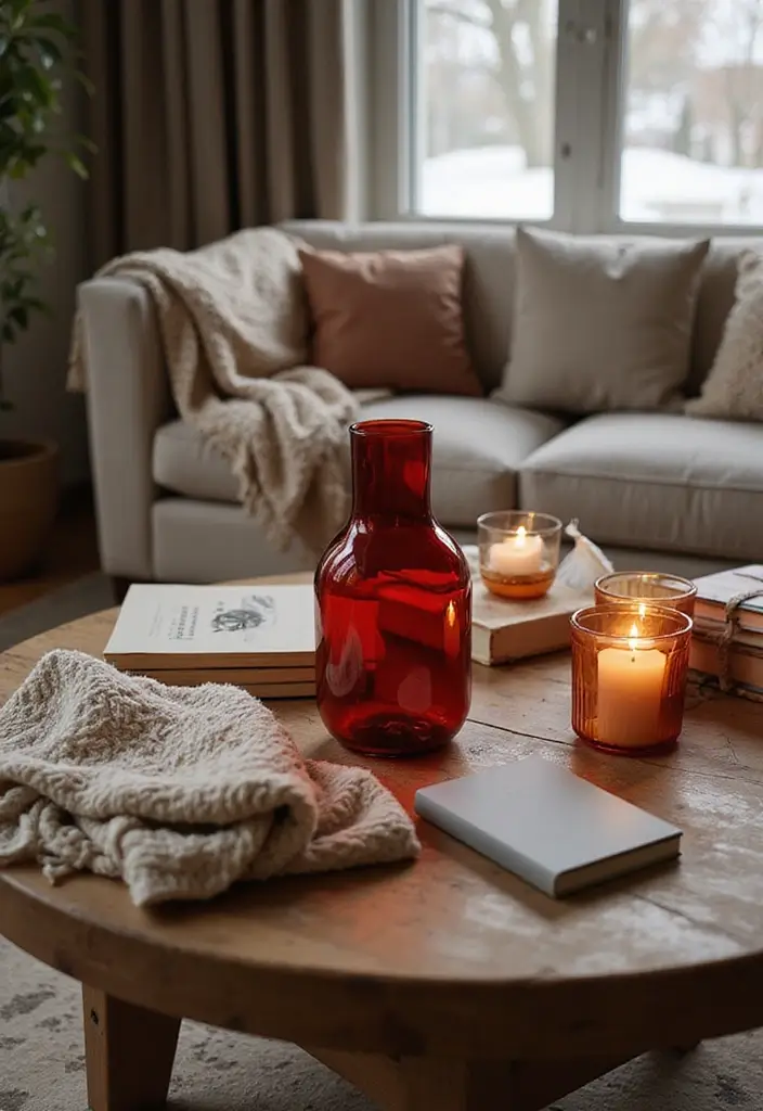 30+ Red Glass Vase Decor Ideas That Add Warmth and Energy 10 30+ Red Glass Vase Decor Ideas That Add Warmth and Energy - 4. Layering Textures in Living Rooms