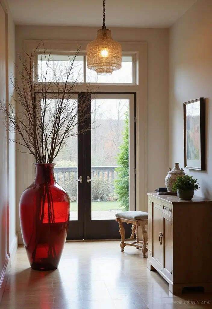 30+ Red Glass Vase Decor Ideas That Add Warmth and Energy 15 30+ Red Glass Vase Decor Ideas That Add Warmth and Energy - 5. Unique Entryway Statement