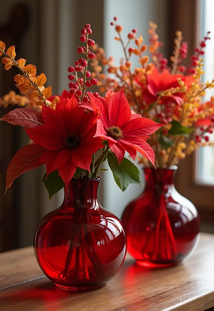 30+ Red Glass Vase Decor Ideas That Add Warmth and Energy 16 30+ Red Glass Vase Decor Ideas That Add Warmth and Energy - 6. Seasonal Decor Swaps