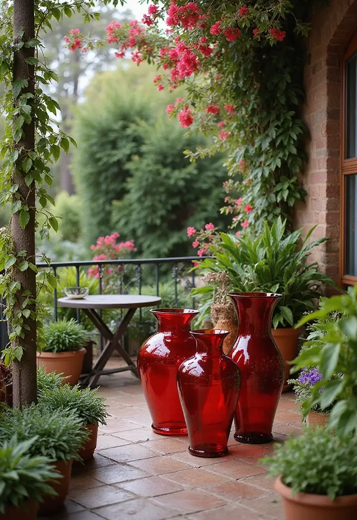 30+ Red Glass Vase Decor Ideas That Add Warmth and Energy 30 30+ Red Glass Vase Decor Ideas That Add Warmth and Energy - 8. Outdoor Garden Accents