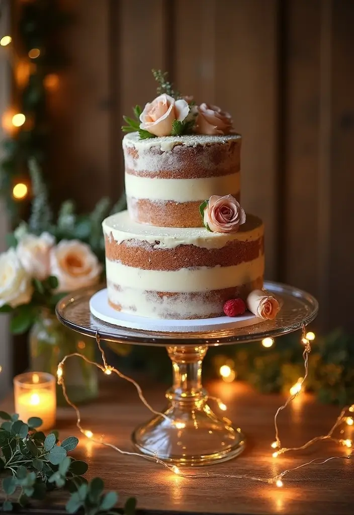 30 Wedding Decor Ideas Featuring Glass Jugs and Fairy Lights 30 30 Wedding Decor Ideas Featuring Glass Jugs and Fairy Lights - 10. Rustic Cake Stand Using Glass Jugs