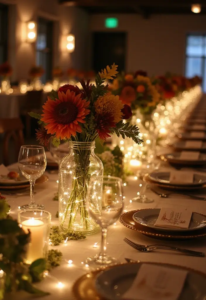30 Wedding Decor Ideas Featuring Glass Jugs and Fairy Lights 32 30 Wedding Decor Ideas Featuring Glass Jugs and Fairy Lights - 12. Seasonal Centerpieces with Fairy Lights
