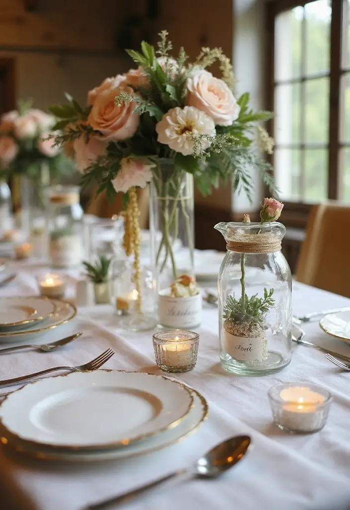 30 Wedding Decor Ideas Featuring Glass Jugs and Fairy Lights 36 30 Wedding Decor Ideas Featuring Glass Jugs and Fairy Lights - 16. Glass Jugs as Markers for Guest Tables