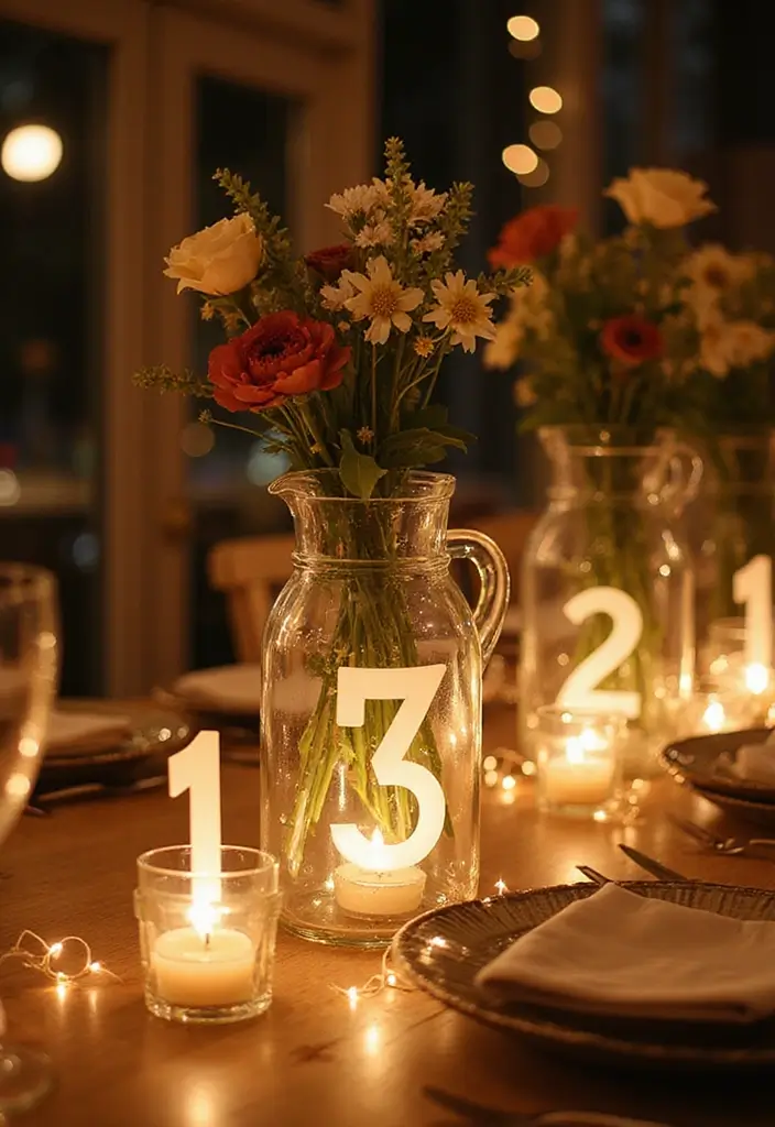 30 Wedding Decor Ideas Featuring Glass Jugs and Fairy Lights 43 30 Wedding Decor Ideas Featuring Glass Jugs and Fairy Lights - 17. Incorporating Fairy Lights in Table Numbers