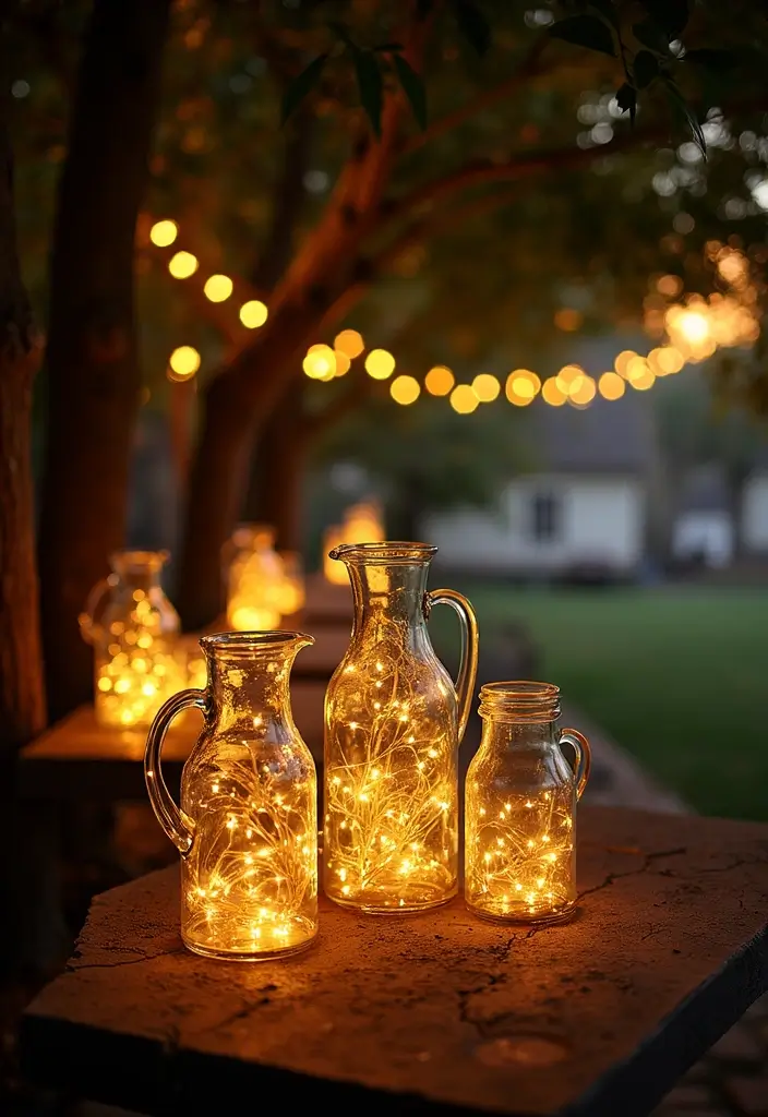 30 Wedding Decor Ideas Featuring Glass Jugs and Fairy Lights 2 30 Wedding Decor Ideas Featuring Glass Jugs and Fairy Lights - 2. Hanging Fairy Lights in Glass Jugs