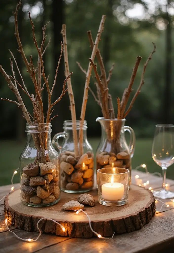 30 Wedding Decor Ideas Featuring Glass Jugs and Fairy Lights 53 30 Wedding Decor Ideas Featuring Glass Jugs and Fairy Lights - 21. Glass Jugs with Nature-Inspired Decor