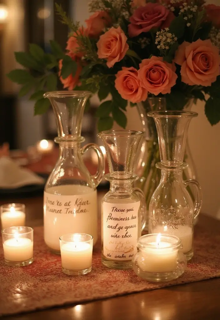 30 Wedding Decor Ideas Featuring Glass Jugs and Fairy Lights 57 30 Wedding Decor Ideas Featuring Glass Jugs and Fairy Lights - 23. Glass Jugs with Romantic Quotes