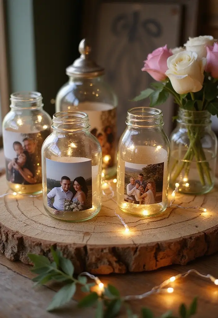 30 Wedding Decor Ideas Featuring Glass Jugs and Fairy Lights 66 30 Wedding Decor Ideas Featuring Glass Jugs and Fairy Lights - 26. Glass Jugs with Photo Displays