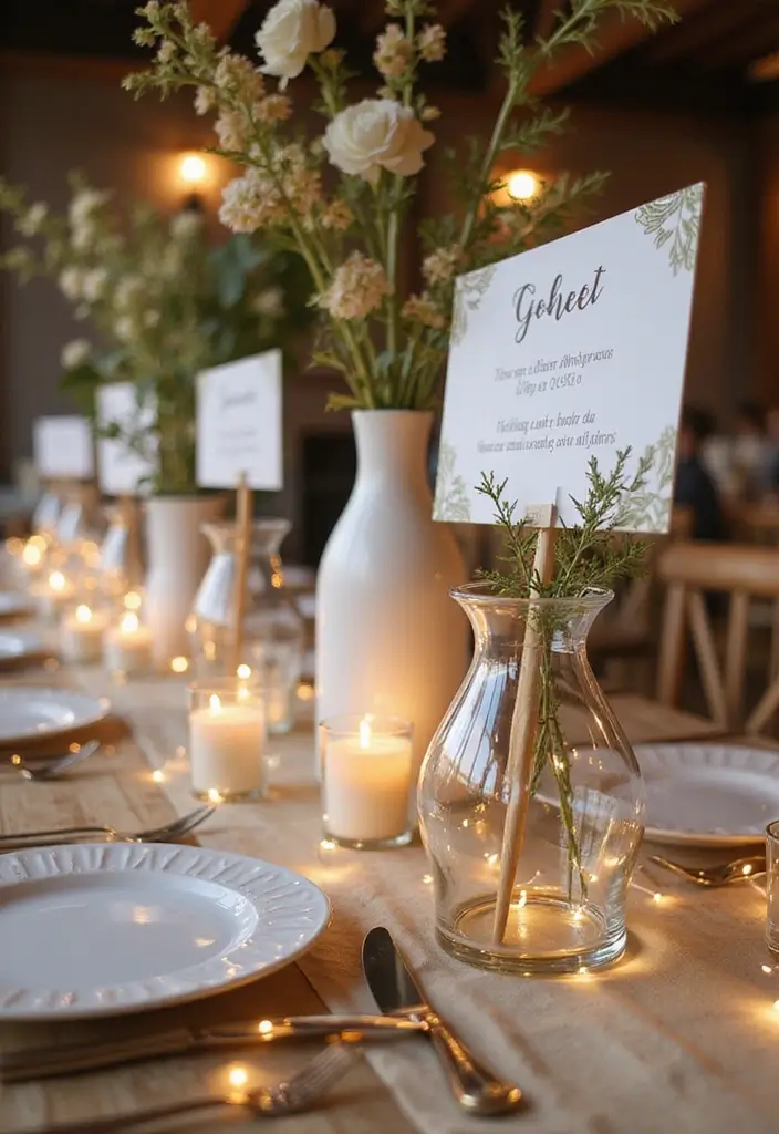 30 Wedding Decor Ideas Featuring Glass Jugs and Fairy Lights 77 30 Wedding Decor Ideas Featuring Glass Jugs and Fairy Lights - 29. Glass Jugs as Signage Holders