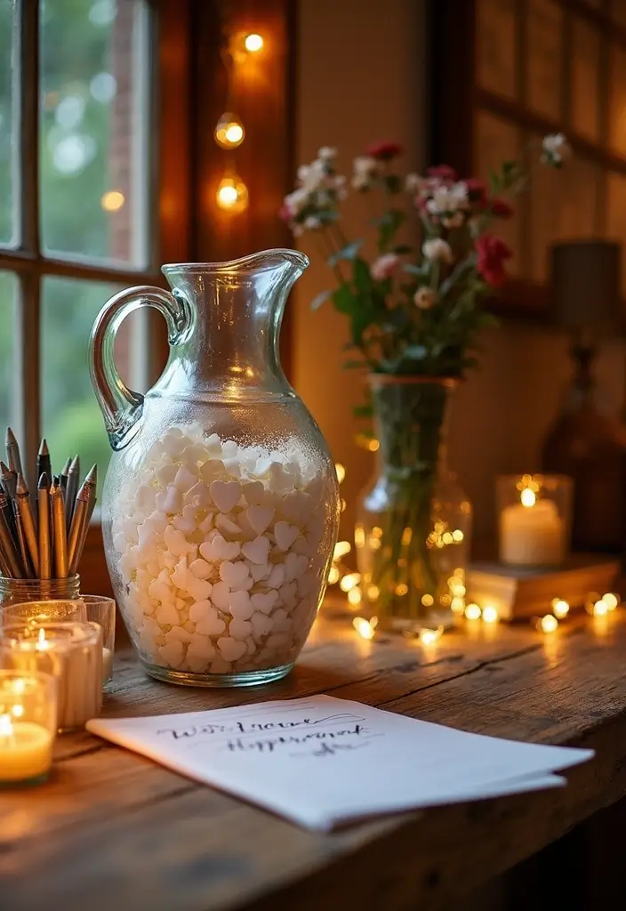 30 Wedding Decor Ideas Featuring Glass Jugs and Fairy Lights 14 30 Wedding Decor Ideas Featuring Glass Jugs and Fairy Lights - 6. Glass Jugs for Guestbook Display